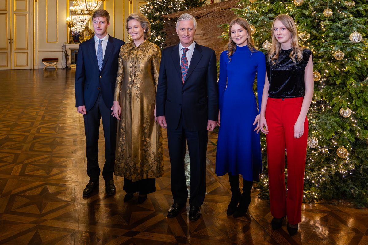 BRUSSELS, BELGIUM - DECEMBER 19: (L-R) Prince Emmanuel of Belgium, Queen Mathilde of Belgium, King Philippe of Belgium, Princess Elisabeth of Belgium and Princess Eleonore of Belgium host a reception for one hundred members of the public during the festive season at the Royal Palace on December 19, 2023 in Brussels, Belgium. (Photo by Geert Vanden Wijngaert/Getty Images)