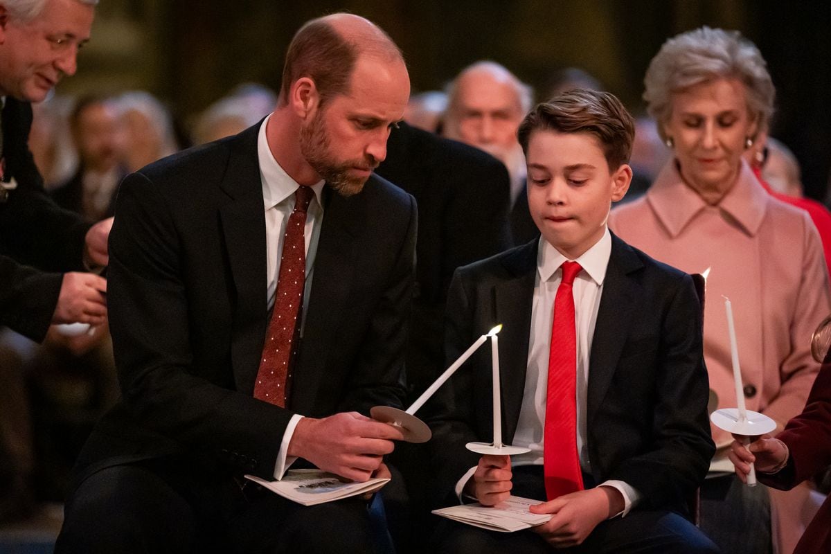 LONDON, ENGLAND - DECEMBER 6: Prince William, Prince of Wales and Prince George during the 'Together At Christmas' Carol Service at Westminster Abbey on December 6, 2024 in London, England. The Prince and Princess of Wales, along with other members of the Royal Family, attended the annual carol service. Led by The Princess and supported by The Royal Foundation, the event offered a chance to pause and reflect on the profound values of love, compassion, and the vital connections we shareâparticularly during life's most challenging moments. The service also highlighted remarkable individuals from across the UK who have demonstrated extraordinary kindness, empathy, and support within their communities. (Photo by Aaron Chown - WPA Pool/Getty Images)