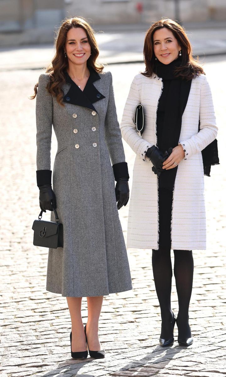 The royal wore a chic Catherine Walker coat during her visit to Copenhagen in February.