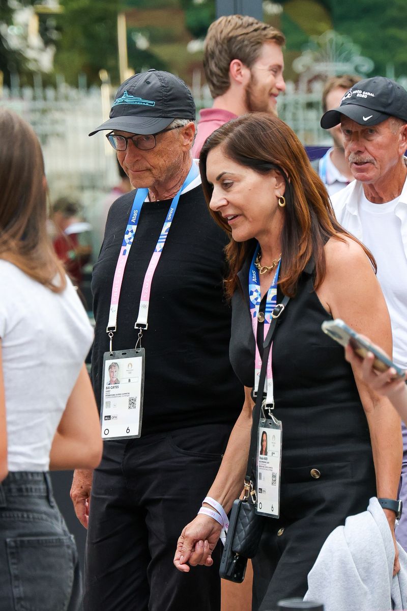 PARIS, FRANCE - AUGUST 01: Bill Gates and Paula Hurd are seen leaving the Paris 2024 Olympic Games Women's Gymnastic Final on August 1, 2024 in Paris, France. (Photo by MEGA/GC Images)