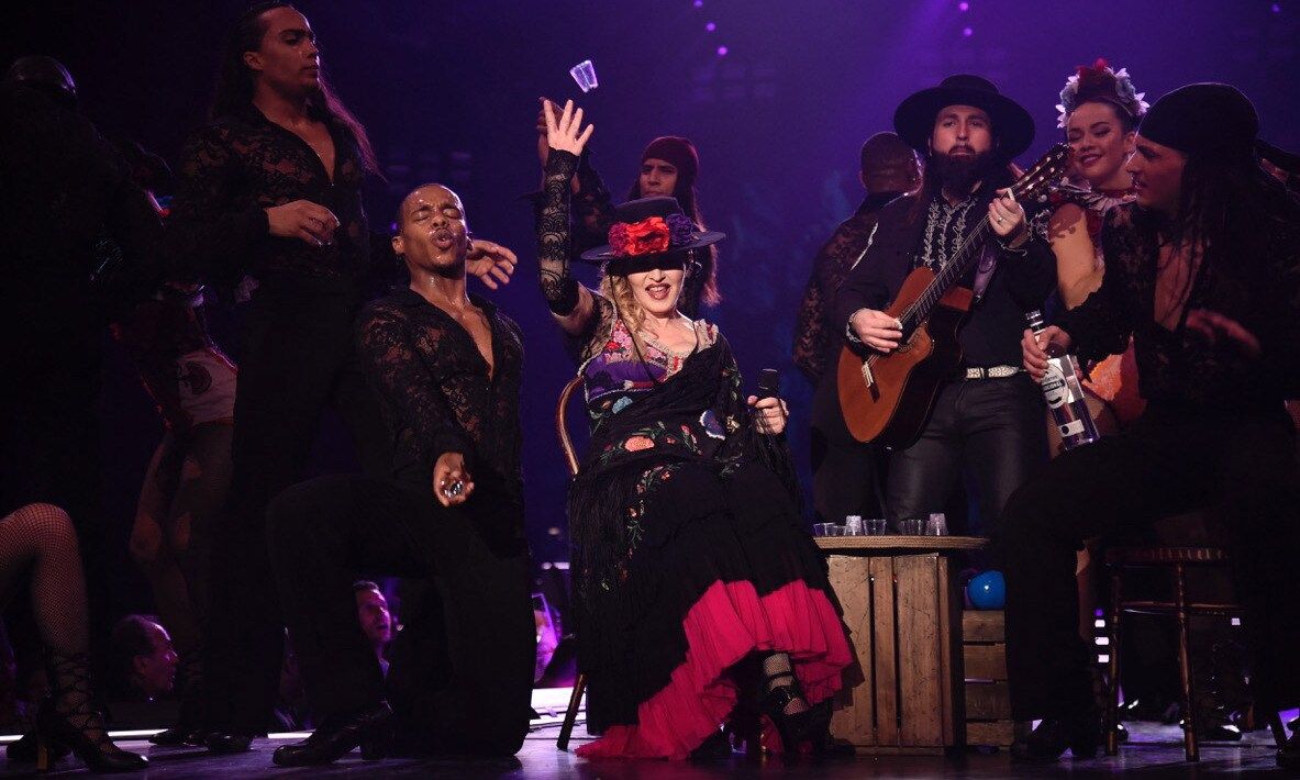 January 20: Toss it back! Madonna and her background dancers took a shot of Jose Cuervo Tradicional during the mash up of "La Isla Bonita" and "Dress You Up" at the Atlanta date of her "Rebel Heart" tour.
<br>