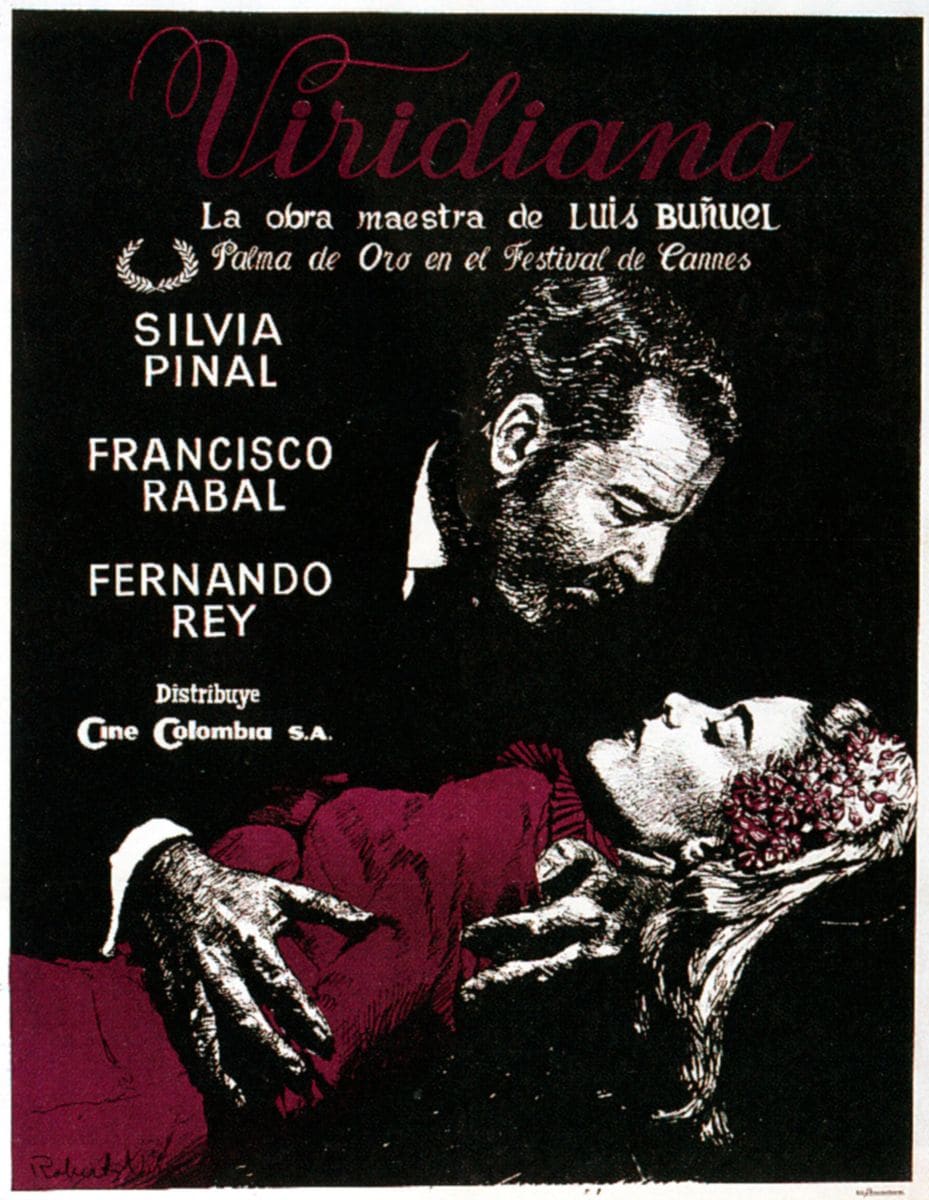 Viridiana, poster, from left: Fernando Rey, Silvia Pinal on Spanish poster art, 1961. (Photo by LMPC via Getty Images)