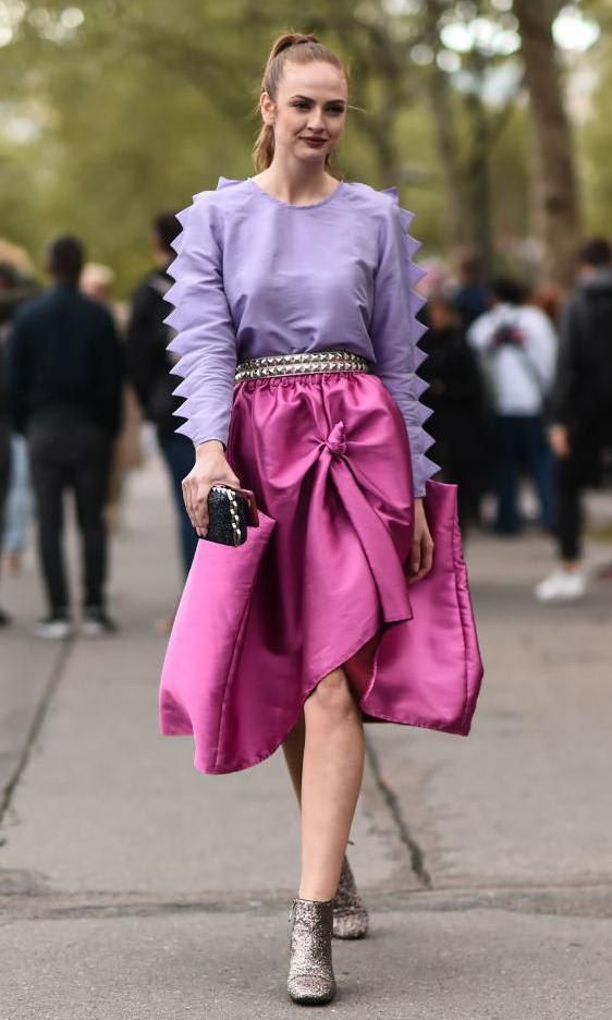 Lilac top with a fuchsia satin skirt