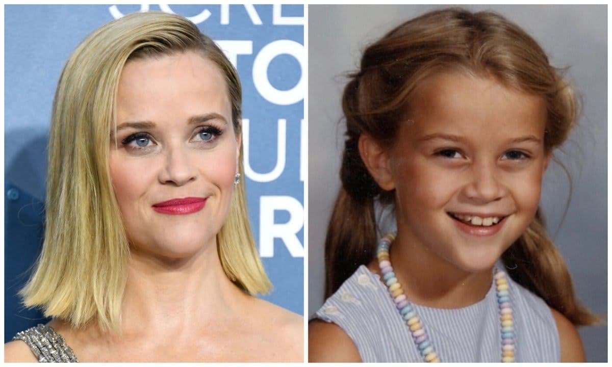 Reese Witherspoon with straight shoulder-length blond hair on the left and light brown hair pulled back on the right
