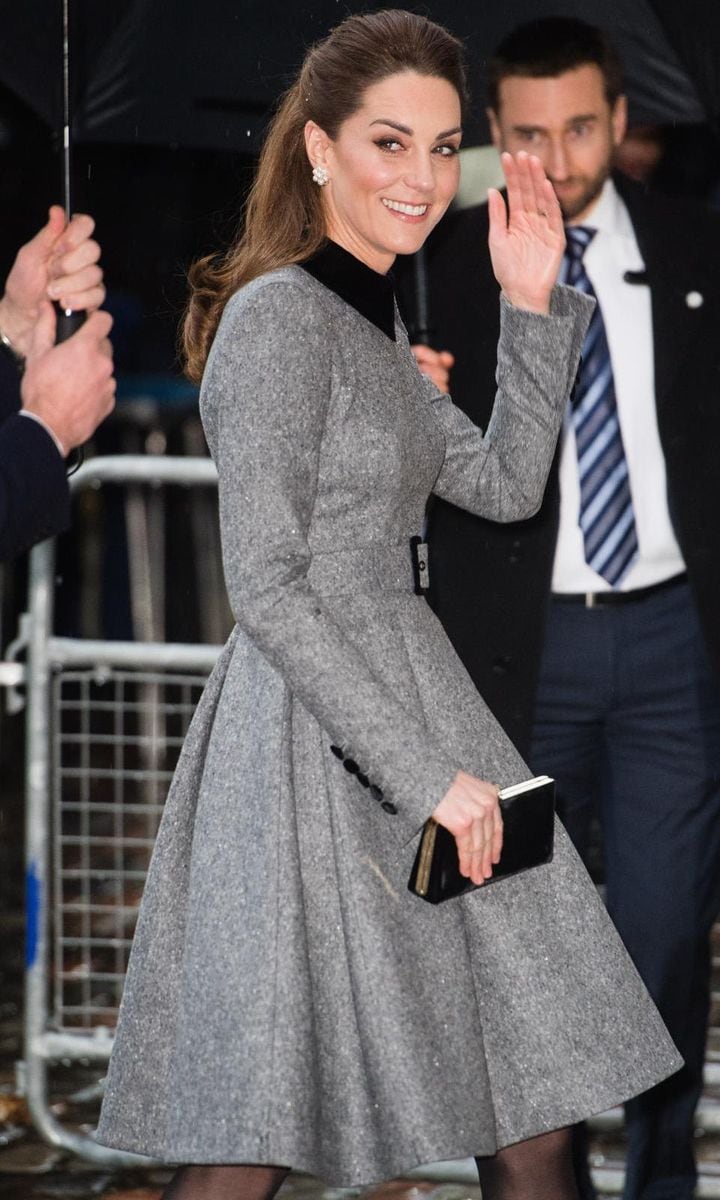 Kate looked chic in a grey dress by Catherine Walker