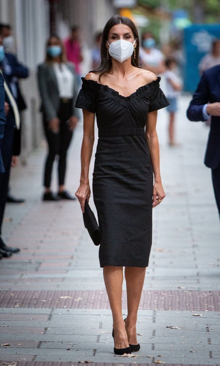 Queen Letizia of Spain stepped out in an off the shoulder LBD by Maria Malo