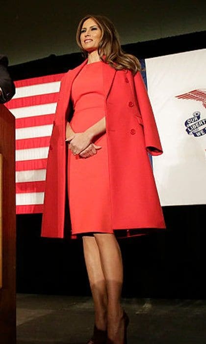 Melania was the lady in red wearing a red sheath dress and matching coat as she listened to her husband speak at a campaign event at the US Cellular Convention Center in Cedar Rapids, Iowa.
Photo: Joshua Lott/Getty Images