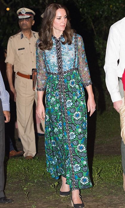 <b>Anna Sui: USA</b>
<br>
This was Kate's assured choice for her recent visit to the Bihu Festival Celebration in India's Kaziranga National Park.
It was the first time the Duchess had worn Anna Sui, renowned for her bohemian and often psychedelic prints.
</br><br>
The green-and-blue printed dress with a crinkled bodice and pleated skirt was perfect for keeping the Duchess cool and covered in the heat while showing her playful side for the celebrations.
<br><br>
Photo: Getty Images