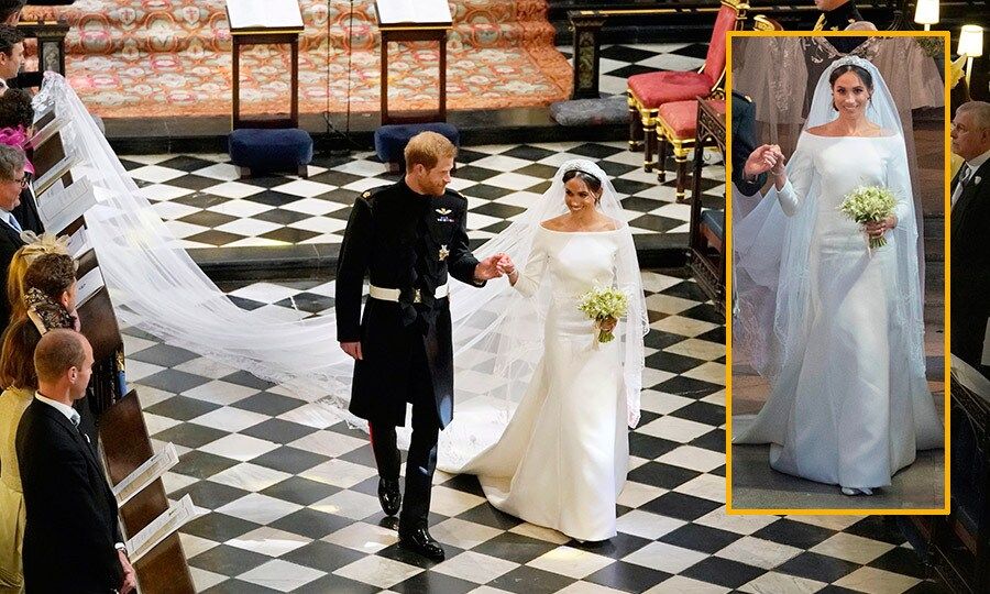 For the royal wedding, Meghan looked like a true princess bride in a an ivory gown by Clare Waight Keller for Givenchy. The timeless wedding dress features clean, simple lines, a bateau neckline and three-quarter length sleeves. Of the spectacular five-meter long veil, the designer revealed, "The delicate floral beauty of the veil was a vision Meghan and I shared, a special gesture embracing the commonwealth flora, ascending the circumference of the silk tulle."
Photos: Getty Images