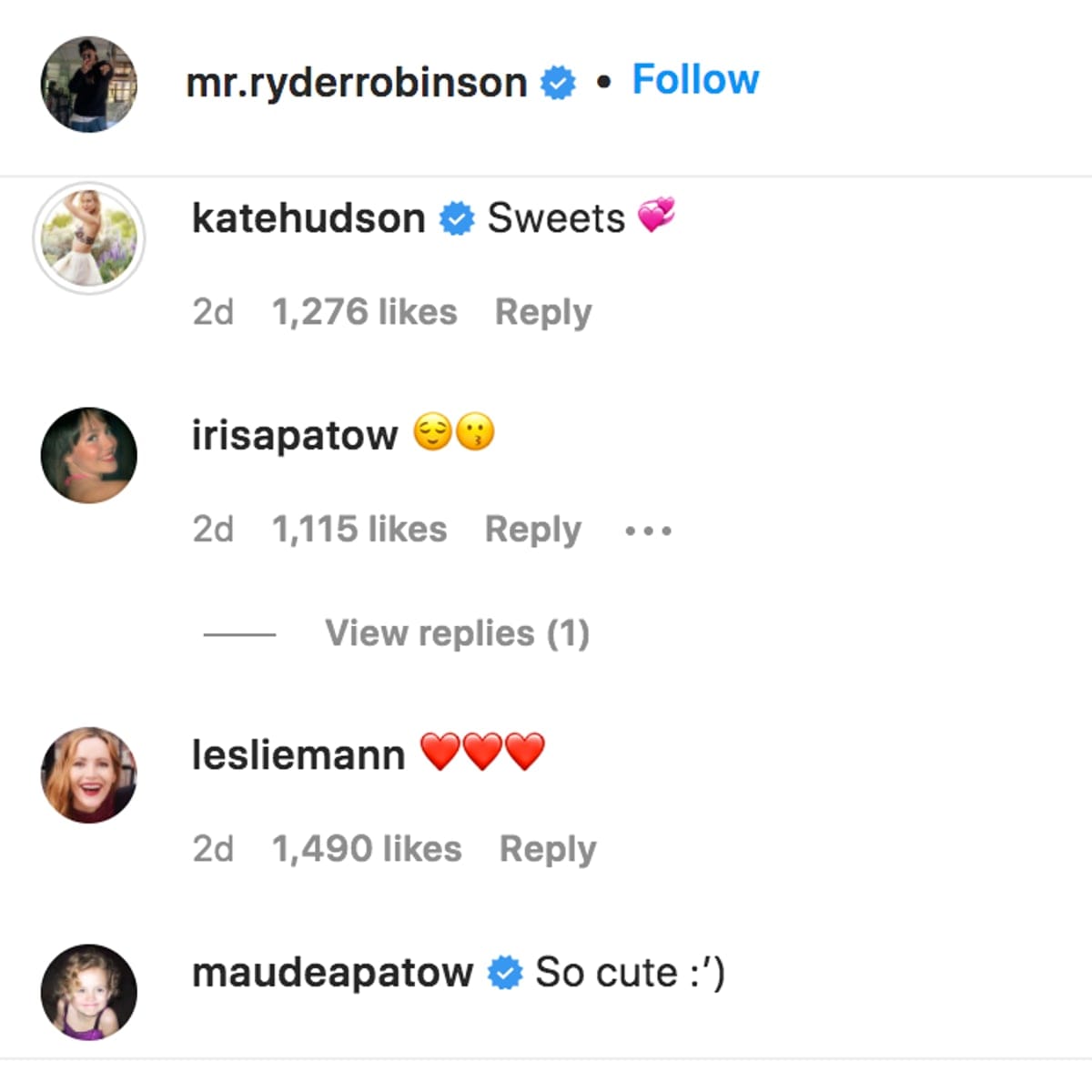 The young couple's respective moms, Kate Hudson and Leslie Mann, commented on Ryder's Valentine's Day post