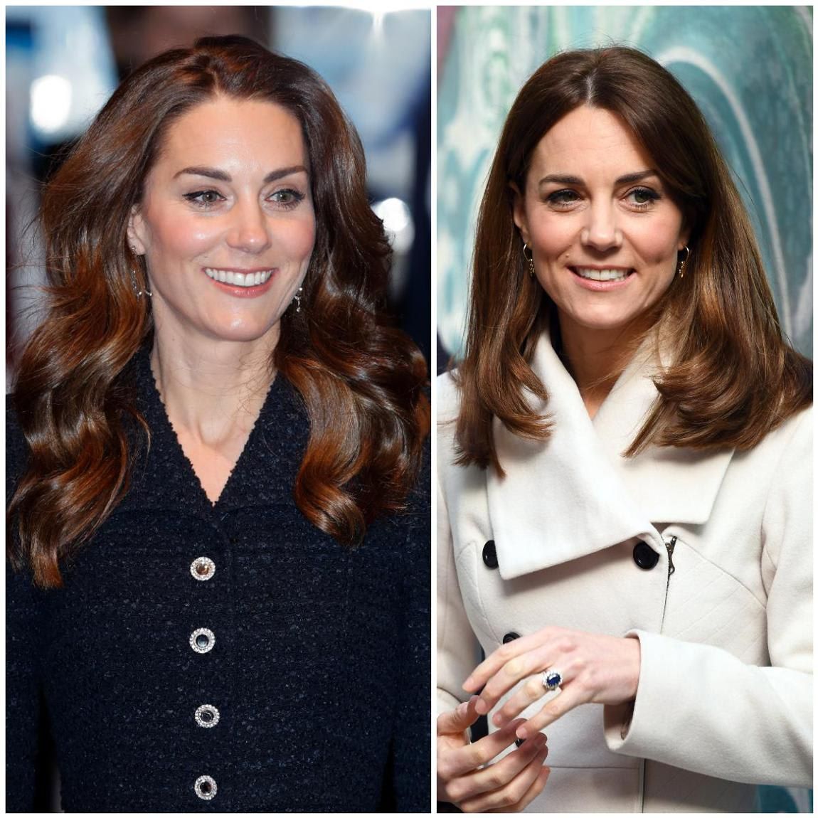 Kate Middleton debuted a shorter haircut in Ireland (right) one week after stepping out with longer locks on Feb. 25 (left)