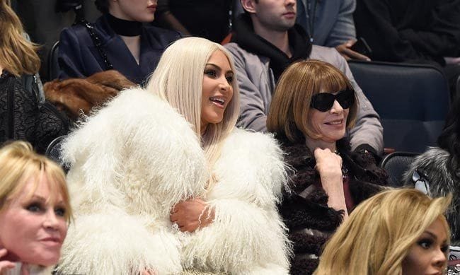 Kim was seated next to Anna Wintour to watch the unveiling of the new collection. The pair chatted away before the show began, with Anna even flashing a quick smile.
<br>
Photo: Getty Images