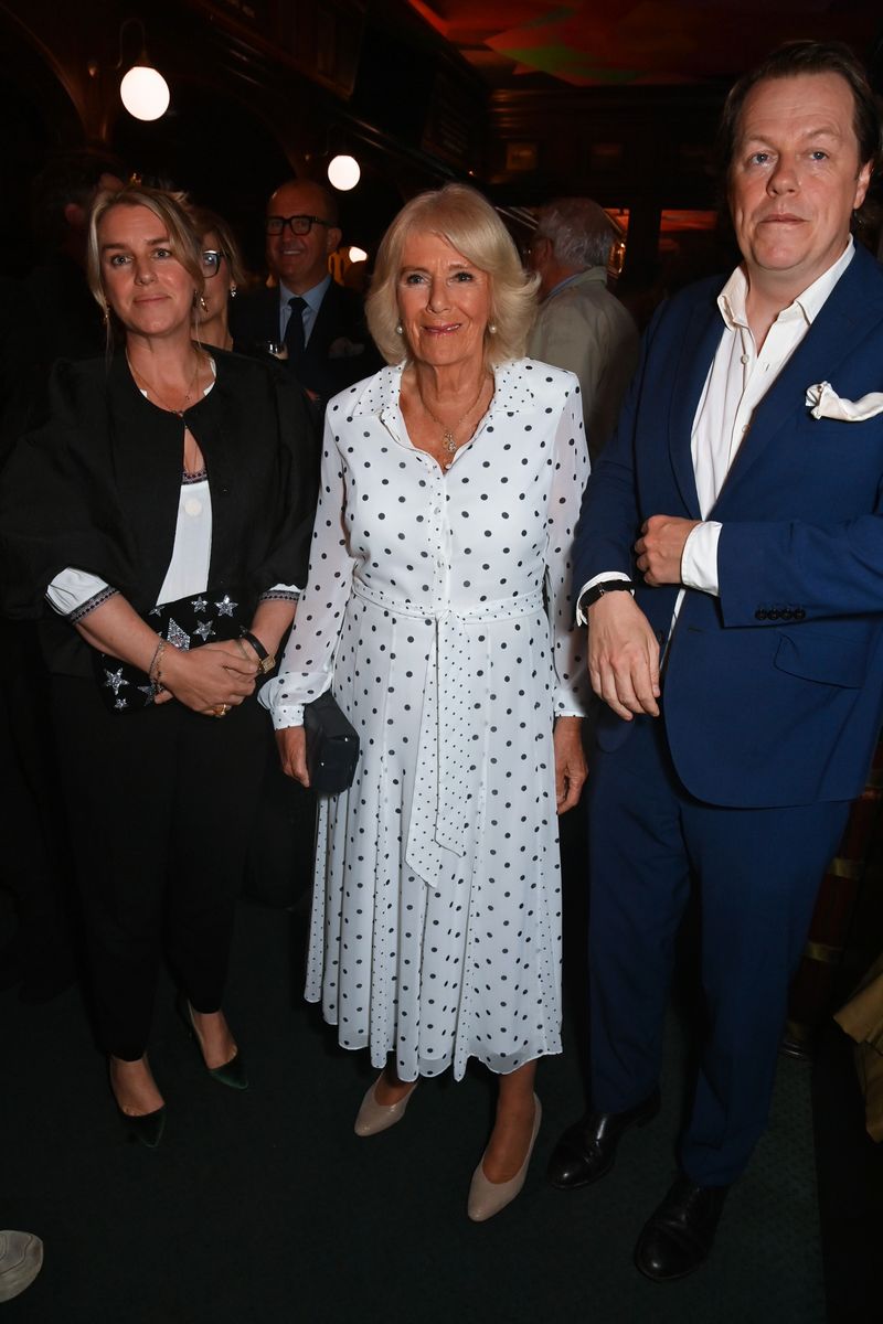 LONDON, ENGLAND - SEPTEMBER 05: (L-R) Laura Lopes, Queen Camilla and Tom Parker Bowles attend the launch of new book "Cooking & The Crown" by Tom Parker Bowles at The Audley Public House on September 05, 2024 in London, England. (Photo by Dave Benett/Getty Images)