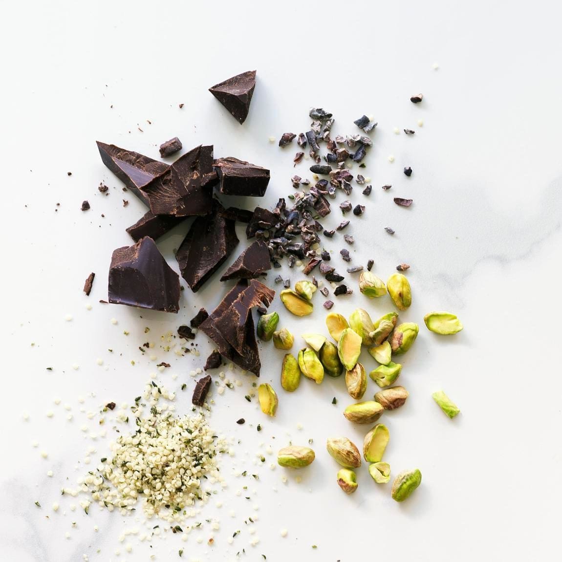 Cacao nibs, pistachios, hemp seeds, dark chocolate