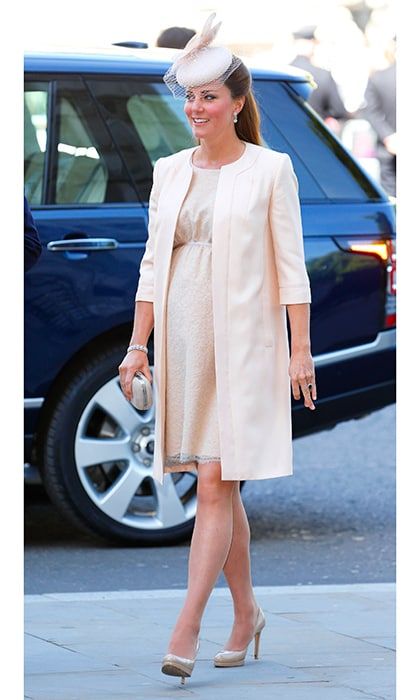 For the Queen's Coronation Ceremony in 2013, a very pregnant Kate chose this combo set of jacket and dress and a matching fascinator.
<br>
Photo: Getty Images