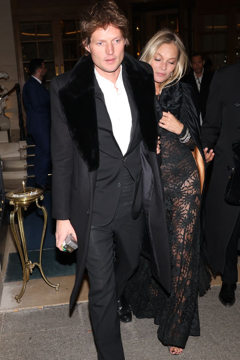 Nikolai von Bismarck and Kate Moss are seen leaving the Ritz Hotel to celebrate her 50th birthday 