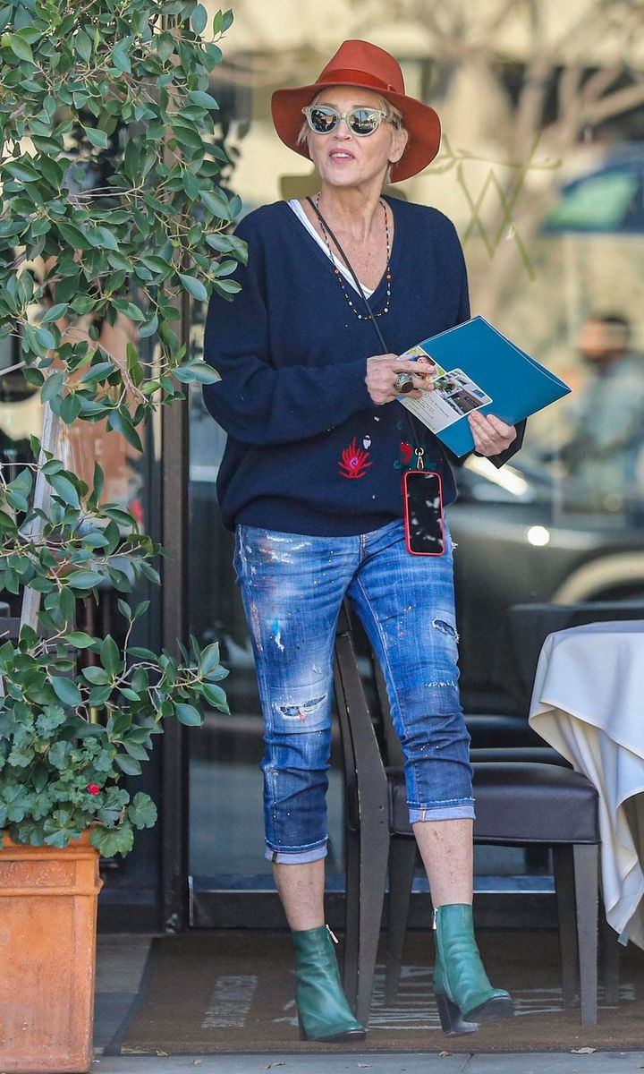 Sharon Stone Goes Boho-Chic for Lunch with a Friend at Via Alloro in Beverly Hills