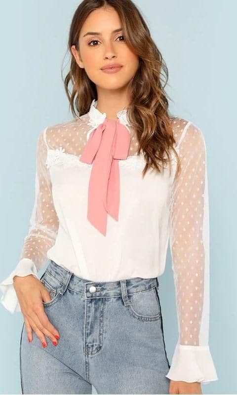 Tie Neck Dobby Mesh Yoke Blouse de Shein