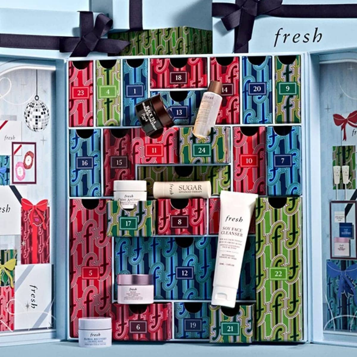 Get in a festive mood with a curated 24-piece advent calendar set of to-go and full-size best sellers.