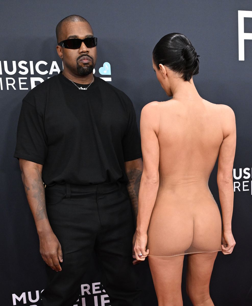 (EDITOR'S NOTE: Image contains nudity.) Kanye West and Bianca Censori at the 67th GRAMMY Awards held at the Crypto.com Arena on February 2, 2025 in Los Angeles, California. (Photo by Gilbert Flores/Billboard via Getty Images) 