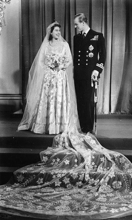 Then-Princess Elizabeth with Philip Mountbatten on their wedding day in 1947.
<br>
Photo: Getty Images