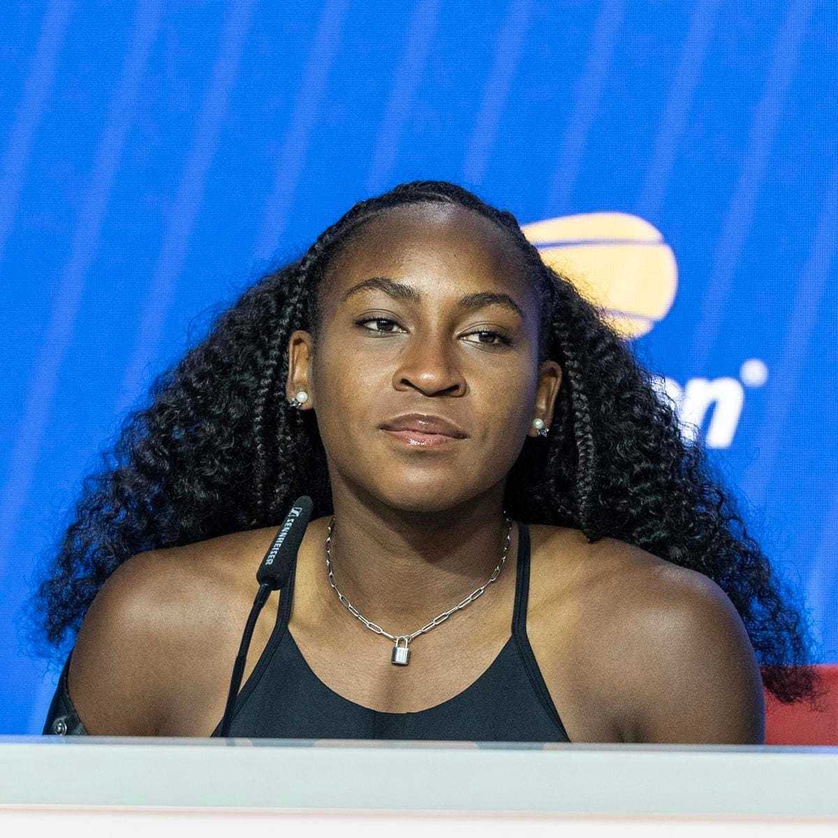 Coco Gauff of USA speaks to the press during US Open player