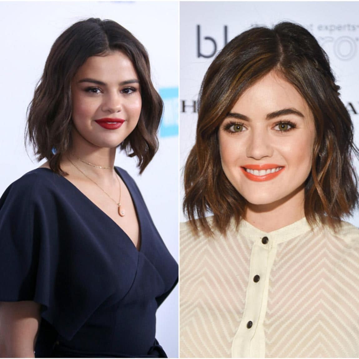 Side-by-side photos of Selena Gomez and Lucy Hale, both wearing their hair in a bob