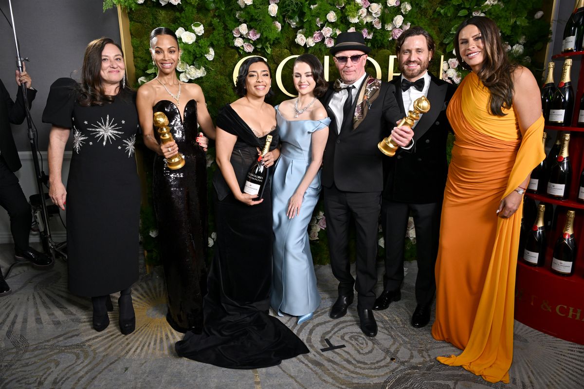  (2nd L-R) Zoe Saldana, Adriana Paz, Selena Gomez, Jacques Audiard, Edgar RamÃ­rez, and Karla SofÃ­a GascÃ³n attend MoÃ«t & Chandon At The 82nd Annual Golden Globe Awards at The Beverly Hilton on January 05, 2025 in Beverly Hills, California.  (Photo by Michael Kovac/Getty Images for MoÃ«t & Chandon)