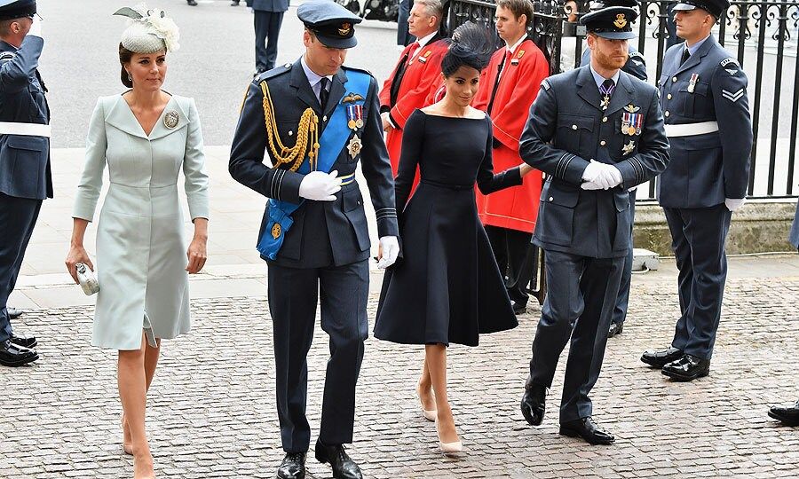 Meghan's first look of July 10 was a bold midnight black Dior gown which she chose to join her husband and the Duke and Duchess of Cambridge at an event to celebrate 100 years of the RAF at Westminster Abbey. The pretty dress featured a bateau neckline, just like her wedding dress. She wore her hair up, topped with a matching black hat and kept her makeup simple.
Photo: Getty Images