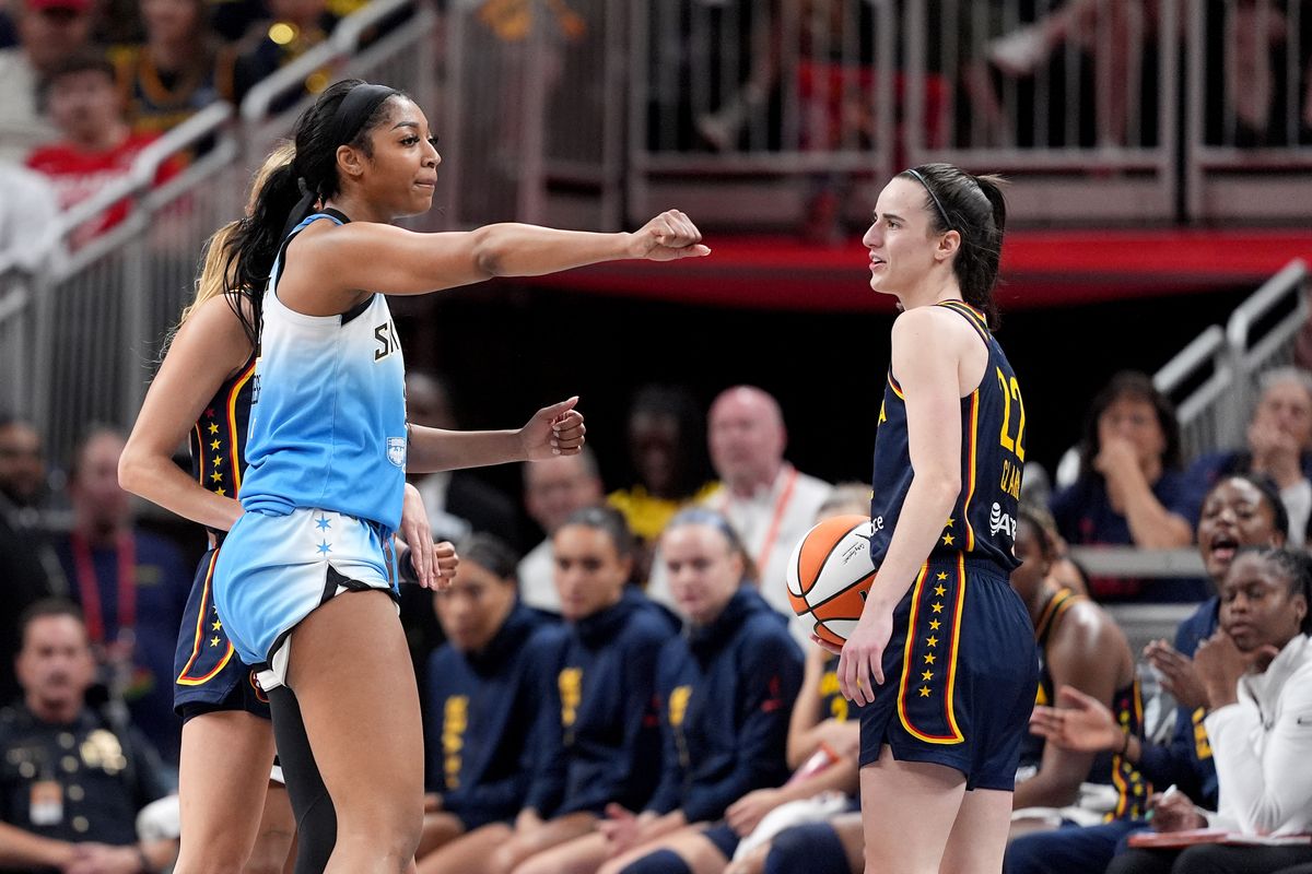Angel Reese, #5 of the Chicago Sky, reacts after fouling Caitlin Clark, #22 of the Indiana Fever, during the second half at Bainbridge Fieldhouse on June 16, 2024, in Indianapolis, Indiana. 