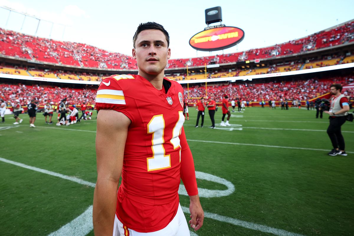 KANSAS CITY, MO - SEPTEMBER 15: Matt Araiza #14 of the Kansas City Chiefs walks off the field after an NFL football game against the Cincinnati Bengals at GEHA Field at Arrowhead Stadium on September 15, 2024 in Kansas City, Missouri. (Photo by Kevin Sabitus/Getty Images)