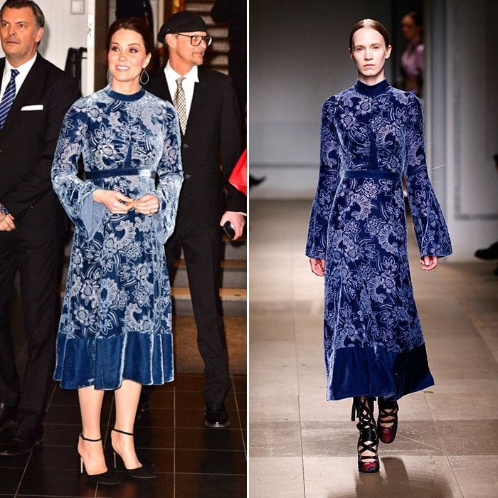 <B>DAY TWO - STOCKHOLM</B>
Kate was back in Erdem for her last stop of the second day at the Fotografiska Gallery. The time she opted for the brand's Christina Devore Velvet Midi Dress - part of the designer's A/W 17 runway collection. The blue design, just like her dress on Tuesday, features flared long sleeves, a high neckline and is adorned in a floral print.
The 36-year-old mother of Prince George, four, and Princess Charlotte, two, accessorized her outfit with a pair of oversized hoop earrings and black pumps with ankle straps.
Photo: Getty Images