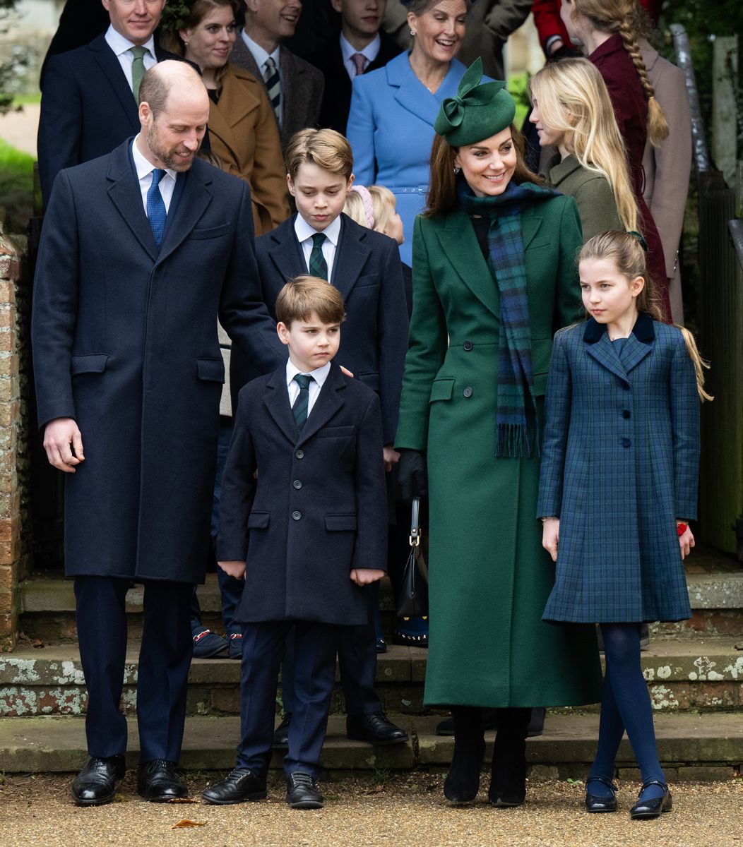 SANDRINGHAM, NORFOLK - DECEMBER 25: Prince William, Prince of Wales, Prince Louis of Wales, Prince George of Wales, Catherine, Princess of Wales and Princess Charlotte of Wales attend the Christmas Morning Service at Sandringham Church on December 25, 2024 in Sandringham, Norfolk. (Photo by Samir Hussein/WireImage)