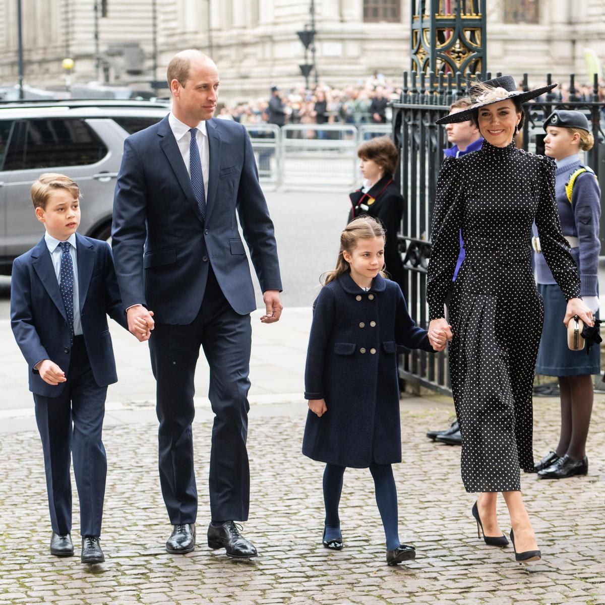Princess Charlotte held her mom's hand, while Prince George held on to his father as they arrived at Westminster Abbey, where the Duke and Duchess of Cambridge tied the knot over a decade ago. Three-year-old Prince Louis was absent from the family outing.