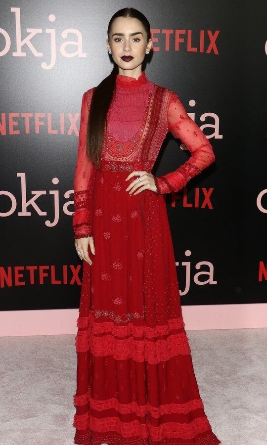 June 8: Chameleonic actress Lily Collins rocked a gothic look in blood red Valentino for the New York premiere of <I>Okja</I> hosted by Netflix at AMC Lincoln Square Theater in New York City.
Photo: Jim Spellman/WireImage