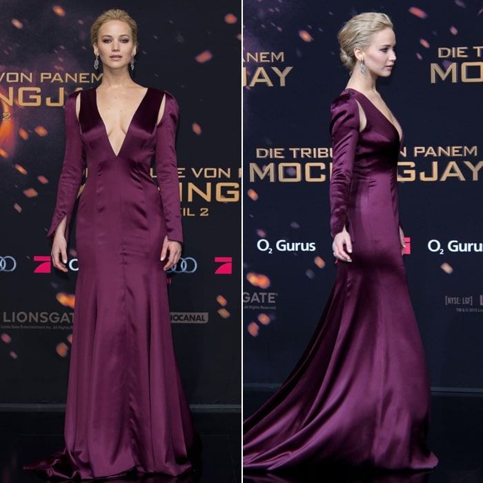 Jen looked incredible in a striking plum Dior gown with a dramatic train when she strolled up the red carpet at the Berlin premiere.<br>
Photo: Getty Images