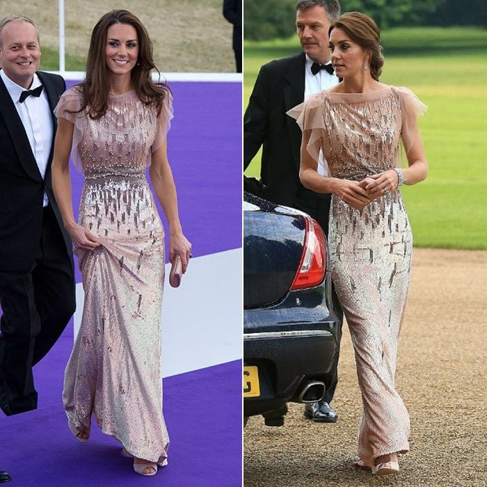 The blushing Duchess dazzled in a pearlescent rose sequin gown by Jenny Packham on two separate occasions. The stylish royal first wore the elegant piece in 2011 for the ARK (Absolute Return for Kids) Gala dinner (left) and again in 2016 for a charity dinner raising funds East Anglia's Children's Hospices.
<br>
Photo: Getty Images