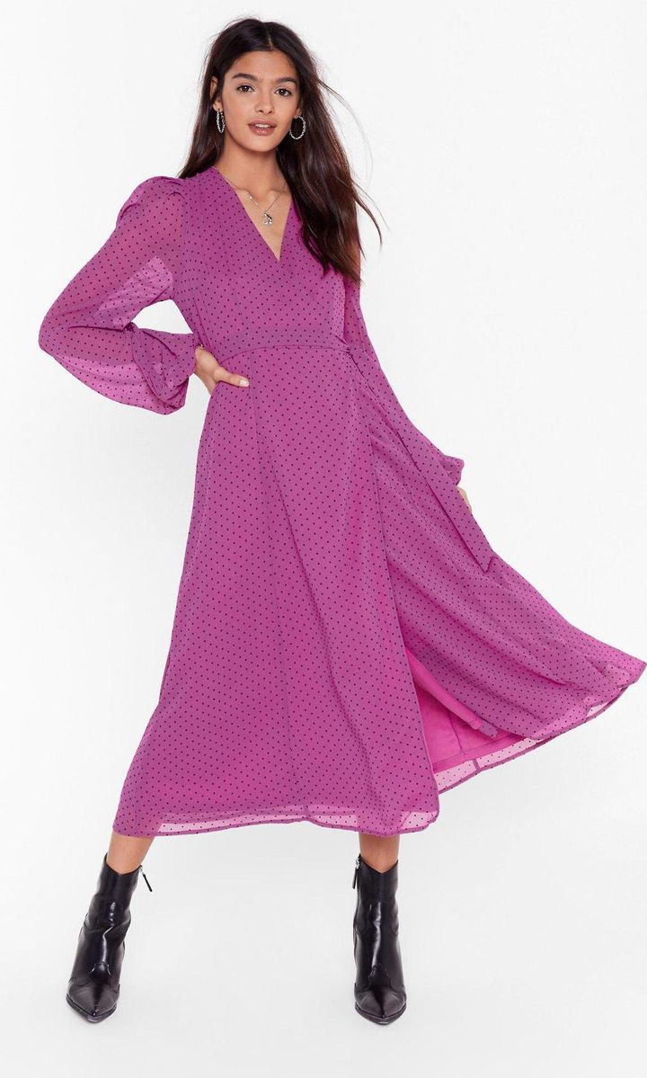 Lilac Dot Our Fault dress, with relaxed midi silhouette and polka dot print by Nasty Gal