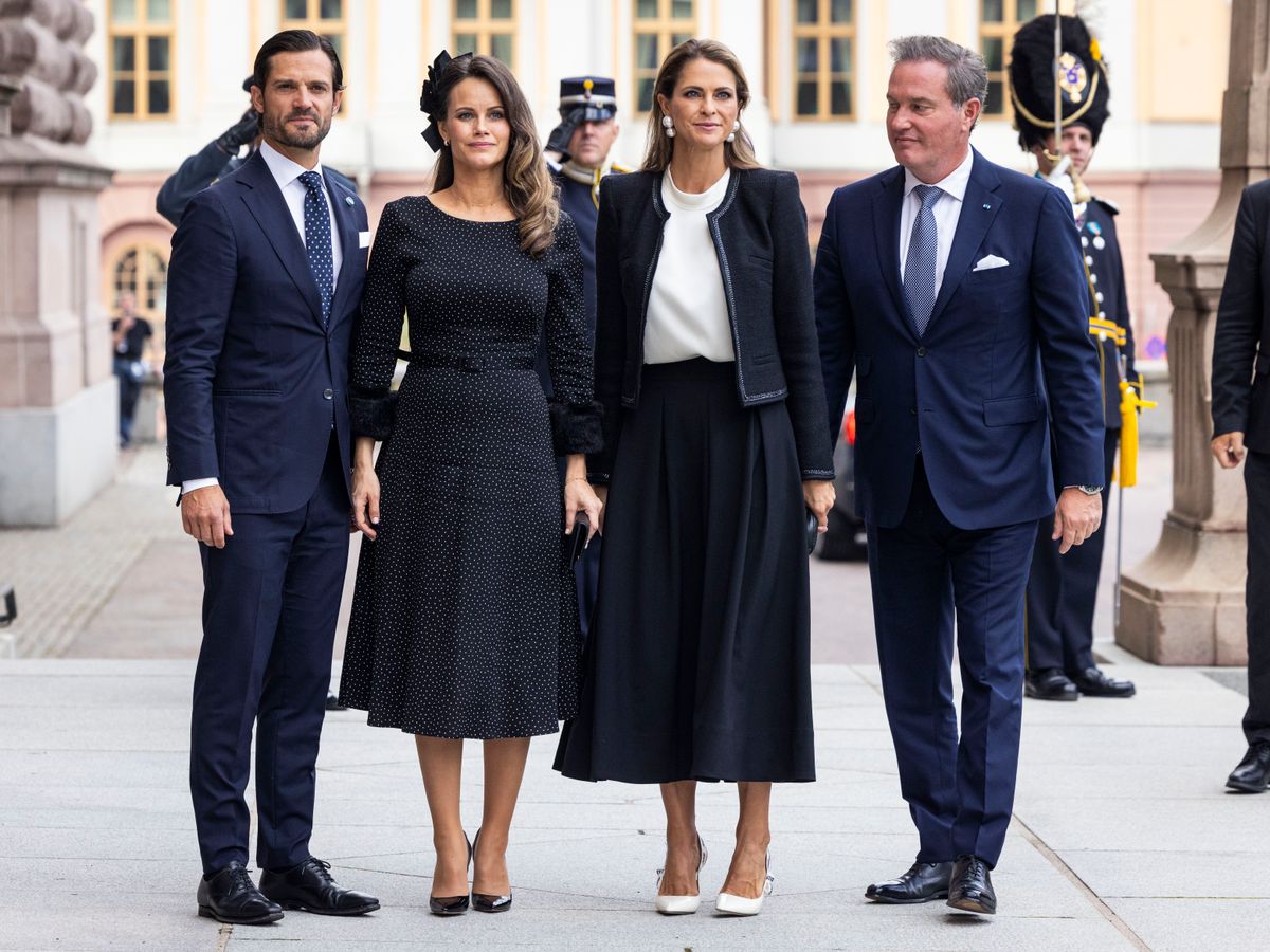 STOCKHOLM, SWEDEN - SEPTEMBER 10: Prince Carl Philip, Princess Sofia, Princess Madeleine of Sweden with Christopher O'Neill during a ceremony in connection with the opening of the Swedish Parliament's fall session on September 10, 2024 in Stockholm, Sweden. (Photo by Michael Campanella/Getty Images)