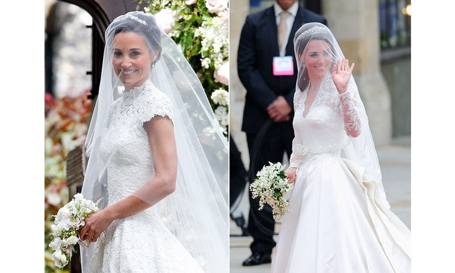 <B>LOOK LOVELY IN LACE</B>
Both Middleton sisters chose lace wedding gowns, but each had distinctive feels. Kate's Alexander McQueen gown was soft and romantic thanks to the tulle, while Pippa's felt more modern. Her Giles Deacon creation featured silk cotton lace that was hand appliqued to the gown to create a seamless effect. Tiny pearls were added, giving the cap-sleeved dress a hint of sparkle.
Photo: Getty Images