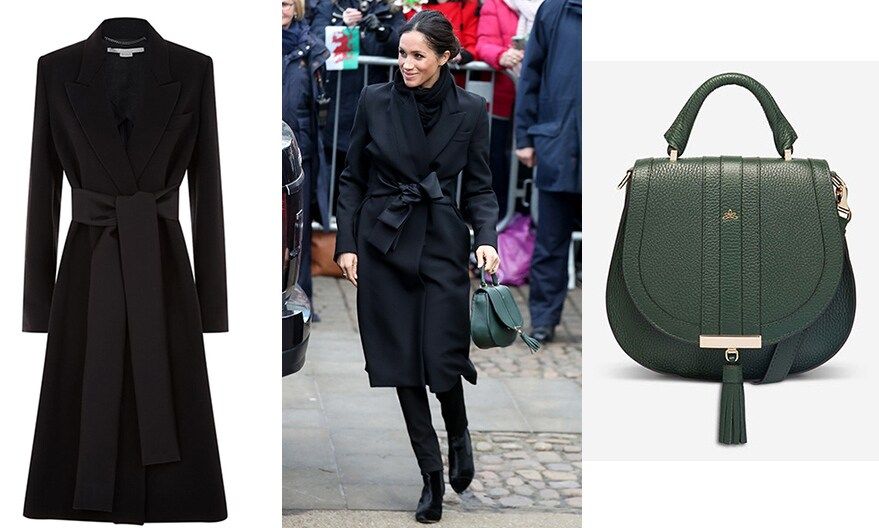 Meghan was looking elegant as she stepped out in Cardiff, Wales with Prince Harry on January 18. The former stunned photographers and the waiting crowd in a Stella McCartney coat, and green tote bag by DeMellier London, which was a nod to the host country's flag.
Photo: Getty Images