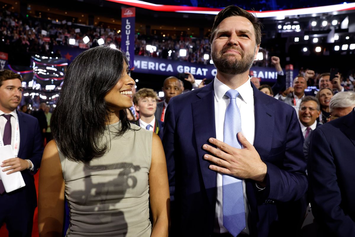 U.S. Sen. J.D. Vance (R-OH) and his wife, Usha Chilukuri Vance, celebrate as he is nominated for the office of Vice President alongside Ohio Delegate Bernie Moreno on the first day of the Republican National Convention at the Fiserv Forum on July 15, 2024, in Milwaukee, Wisconsin. Delegates, politicians, and the Republican faithful are in Milwaukee for the annual convention, concluding with former President Donald Trump accepting his party's presidential nomination. The RNC takes place from July 15-18.