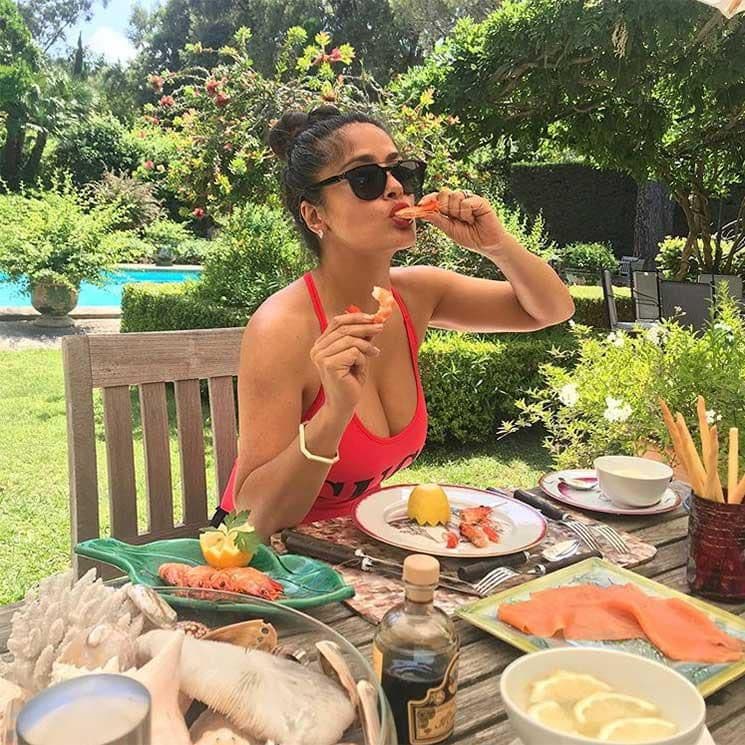 Salma Hayek red swimsuit