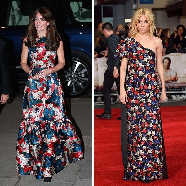 <b>The Duchess of Cambridge and Sienna Miller</B>
<br>
A little print goes a long way for this stylish duo, though Sienna is much more prone to rocking loud prints than Kate. A few days after the latter made a colourful entrance at the 100 Women in Hedge Funds gala in eye-catching Erdem, actress Sienna embraced the same color scheme in a printed Marc Jacobs gown at the London premiere of her film 'Burnt'.
<br>
<br>
Photo: Getty Images