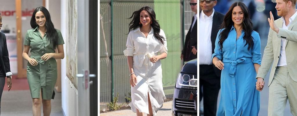 Meghan Markle con vestidos camiseros cortos y de largo midi