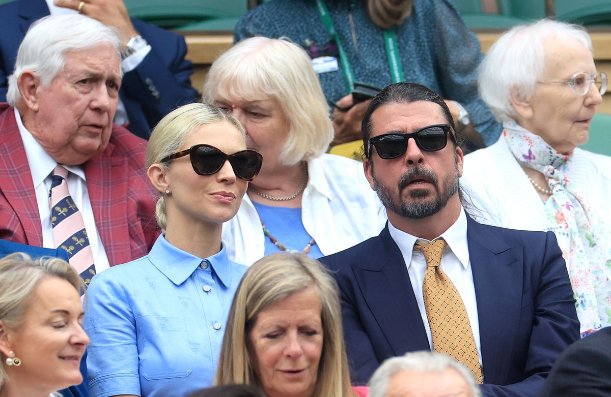 Dave Grohl and his wife Jordyn Grohl are seen in the Royal Box during day two of The Championships Wimbledon 2024 on July 2