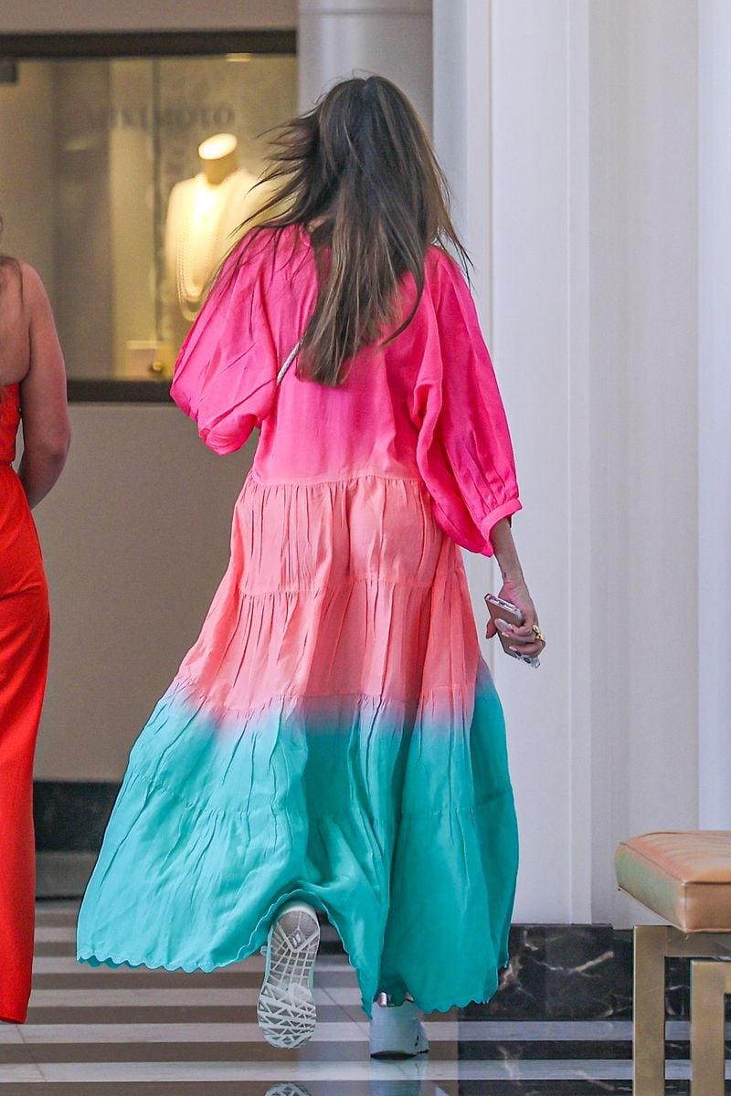 Sofia Vergara wears a bright colored dress to lunch with friends at Waldorf in Los Angeles.