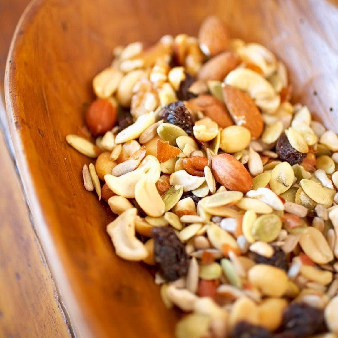 Organic Trail Mix on a Wooden Dish