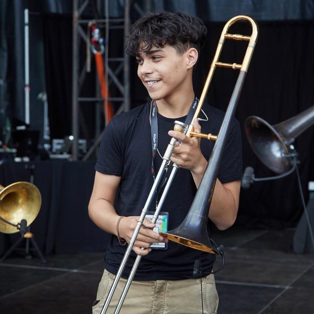 Alejandro Sanz´s eldest son Alexander with a trombone
