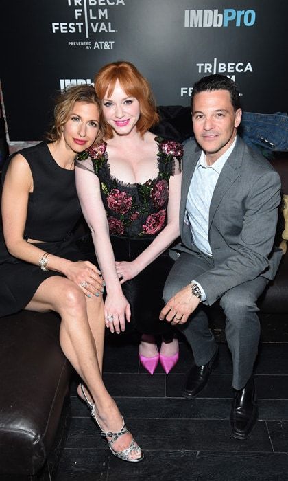 Alysia Reiner, Christina Hendricks and David Basche caught up at the Tribeca Film Festival <i>Egg</i> after party at Tao Downtown hosted by IMDbPro App.
Photo: Getty Images